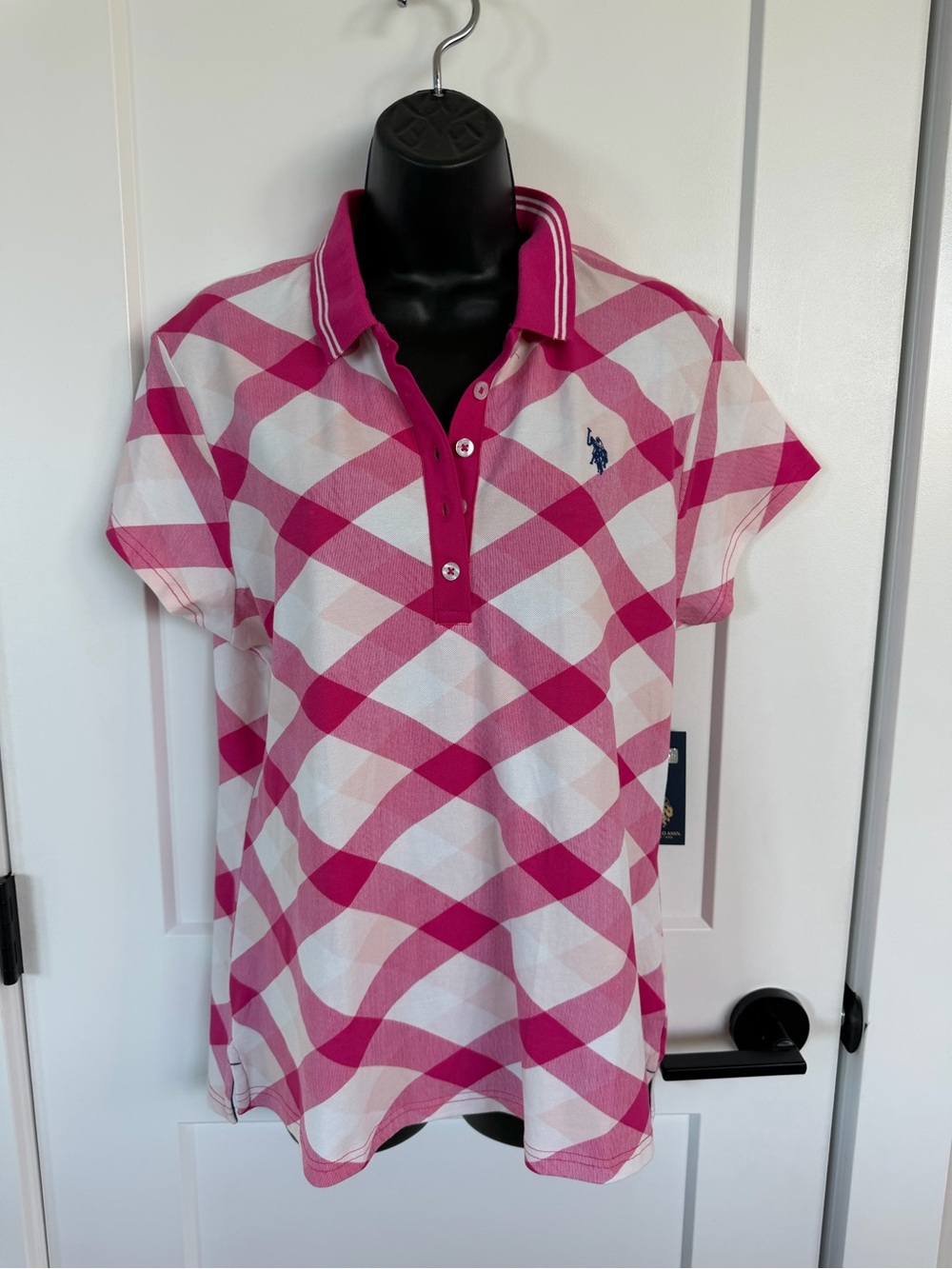 NWT U.S. Polo Assn. Pink & White Check Polo GOLF Shirt sz -WOMENS XL